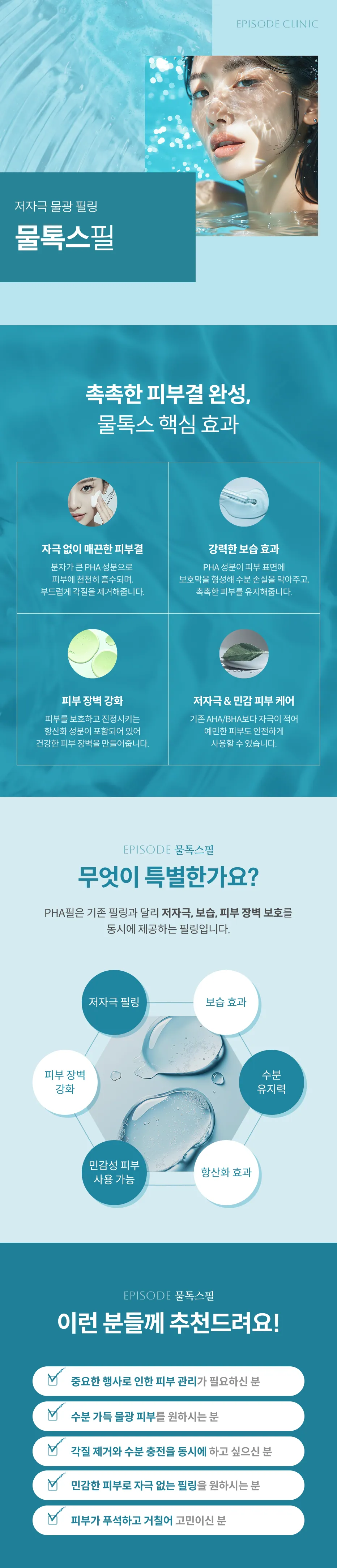 低刺激物光フィリング 水トックスフィル 詳細案内: コア効果4つ（皮膚結び、保湿、肌障壁、低刺激敏感肌ケア）、PHAフィル特徴6つ、対象案内5つ