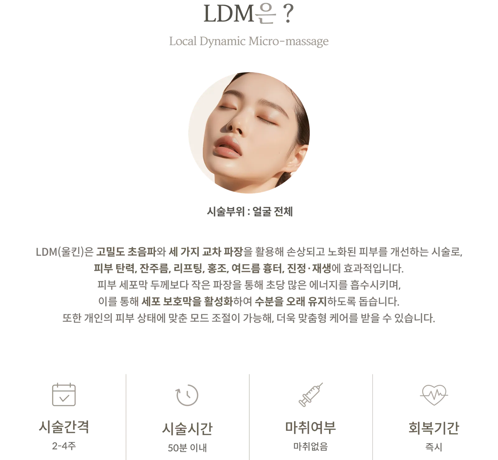 LDM施術情報パネル：Local Dynamic Micro-massage、施術部位顔全体、高密度超音波と3つの交差波長、施術間隔2～4週、施術時間50分以内、麻酔なし、回復期間即時