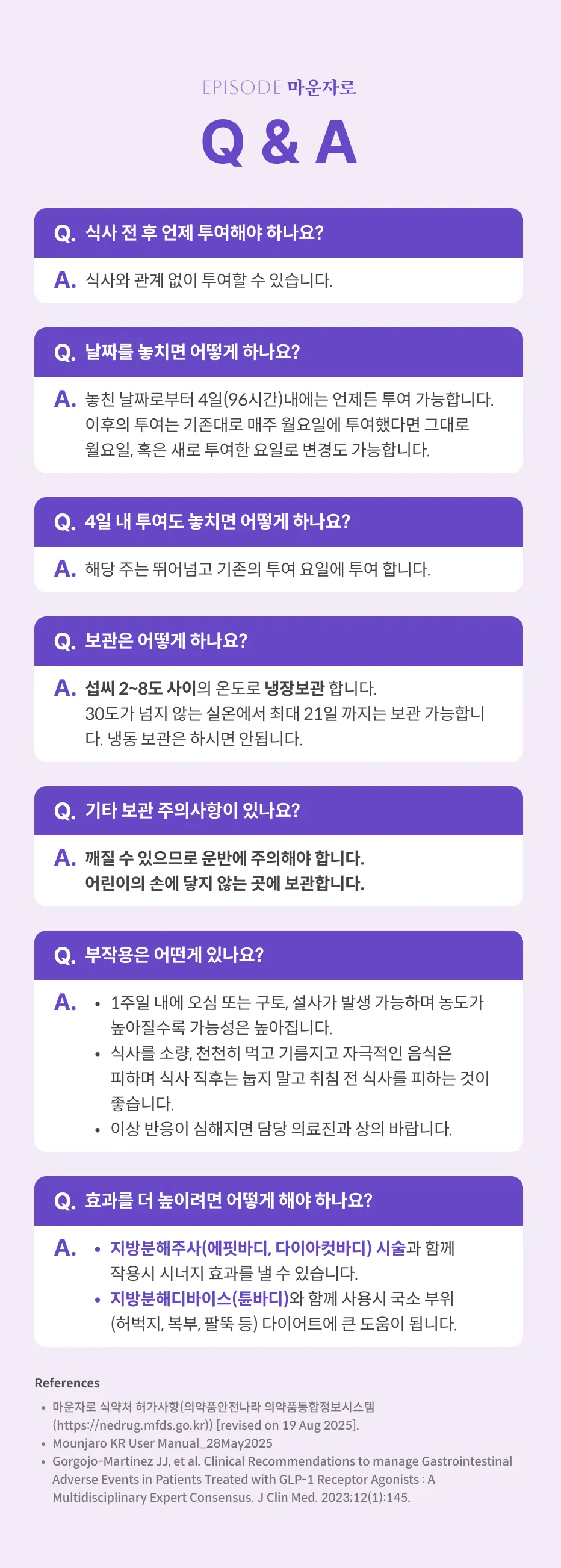 マンジャロでQ&A:投与時点、逃した日付対処(4日以内)、保管(摂氏2~8度冷蔵、室温最大21日)、副作用(吐き気、嘔吐、下痢)、参考文献